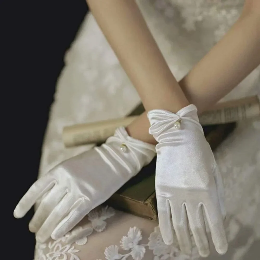Women's White Satin Pearl Wedding Dress Opera Party Wrist Gloves Short Length